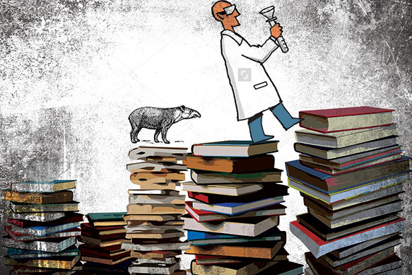 Ilustração de um pesquisador segurando um tubo de ensaio e que passeia entre livros, sugerindo uma busca de rumo para a pesquisa brasileira.