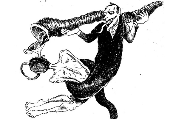 Ilustração de Golias representando a mídia e impondo as suas ideias ao consumidor de notícias.