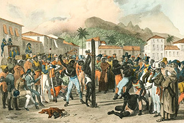 Pintura de Rugendas que retrata um escravo sendo açoitado na época da escravidão.