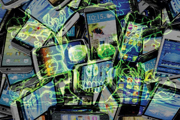 Ilustração colorida com vários celulares um por cima do outro e um símbolo de caveira que representa a intoxixação digital provocada pela dependência tecnológica.
