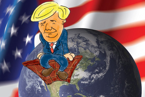 Ilustração colorida do presidente dos Estados Unidos, Donald Trump, sentado em um muro sobre o globo terrestre.