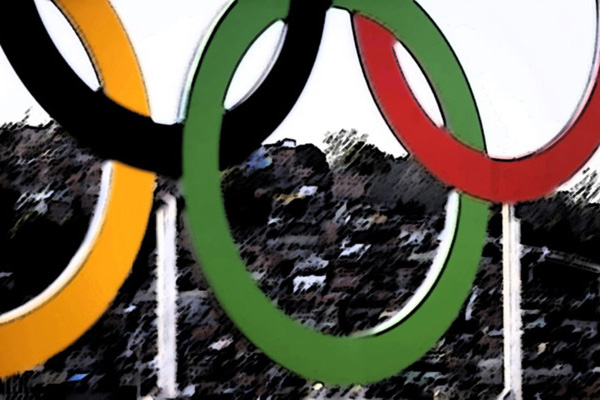 Ilustração colorida do símbolo das olimpíadas com uma favela ao fundo.
