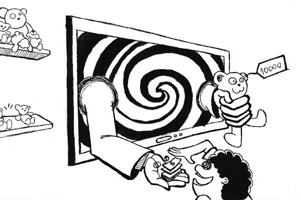 Ilustração em preto e branco de uma grande tela de televisão hipnotizando crianças e induzindo-as ao consumo de produtos.
