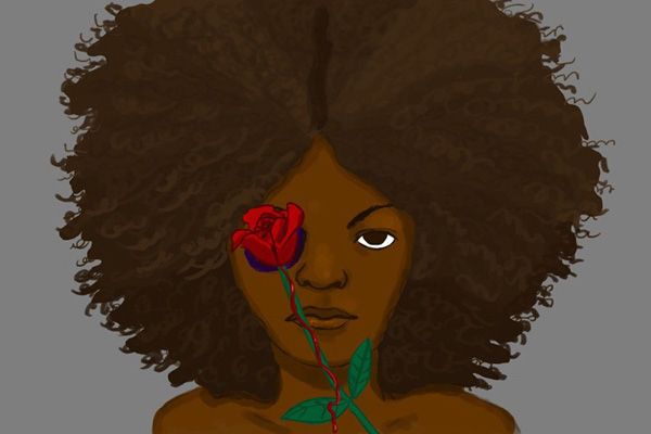 Ilustração de mulher com uma rosa sobre o olho com mancha roxa, simbolizando as agressões machistas sofridas pelas mulheres brasileiras.
