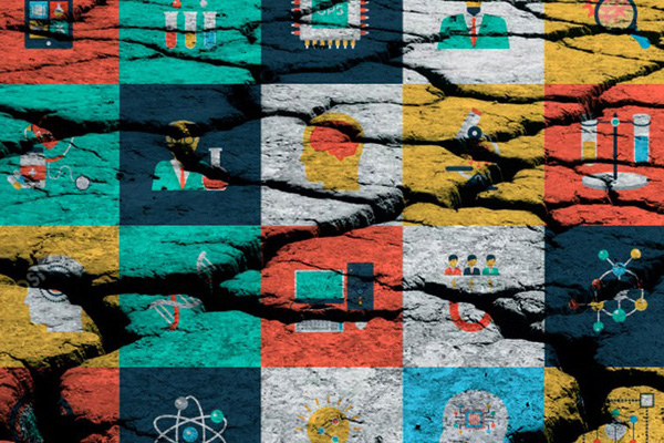 Ilustração colorida com símbolos da ciência e da tecnologia.