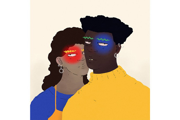 Ilustração que mostra duas pessoas negras em plano médio. Um detalhe ressalta os olhos de cada uma