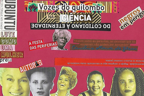 Colagem com recortes de revistas com dizeres feministas e afrocentrados e rostos de autoras negras contemporâneas sobre fundo rosa