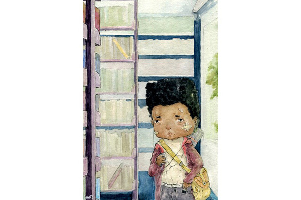 Ilustração de um garoto negro com curativos e rosto abatido em uma biblioteca