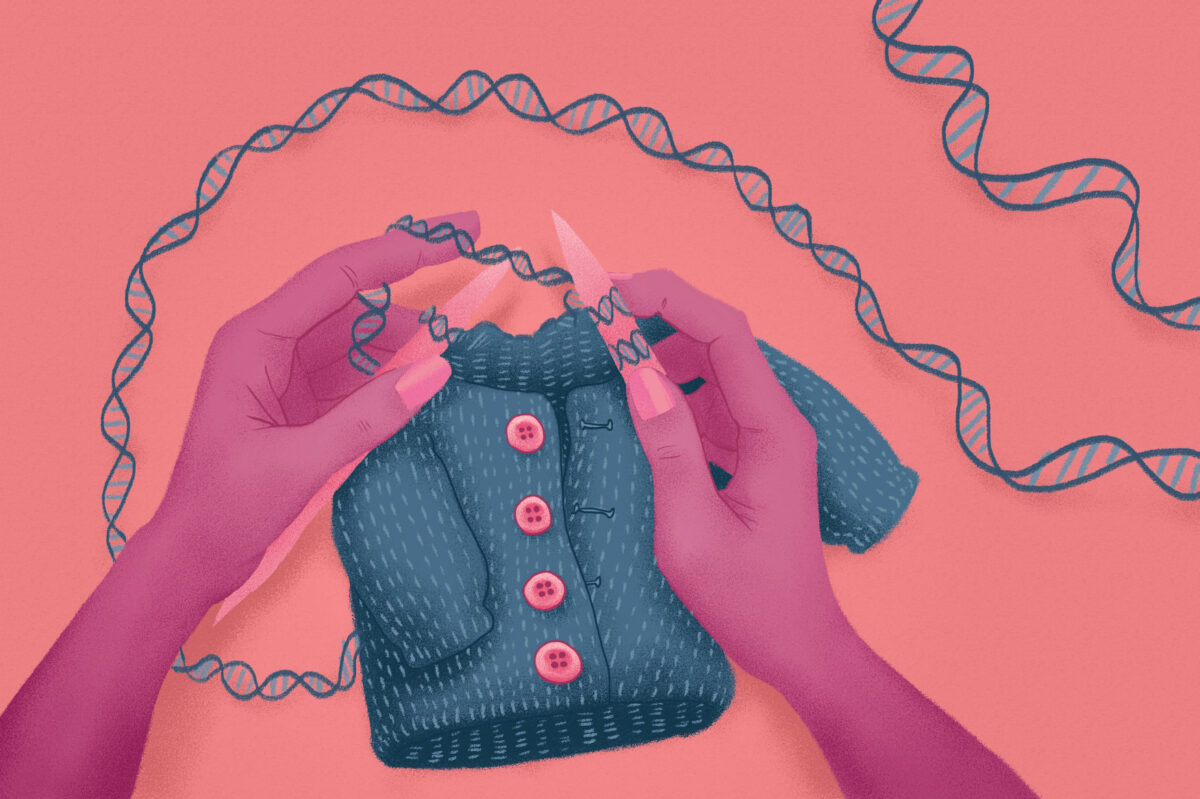 Mão feminina tricota casaco de bebê com fio de dna - Ilustração