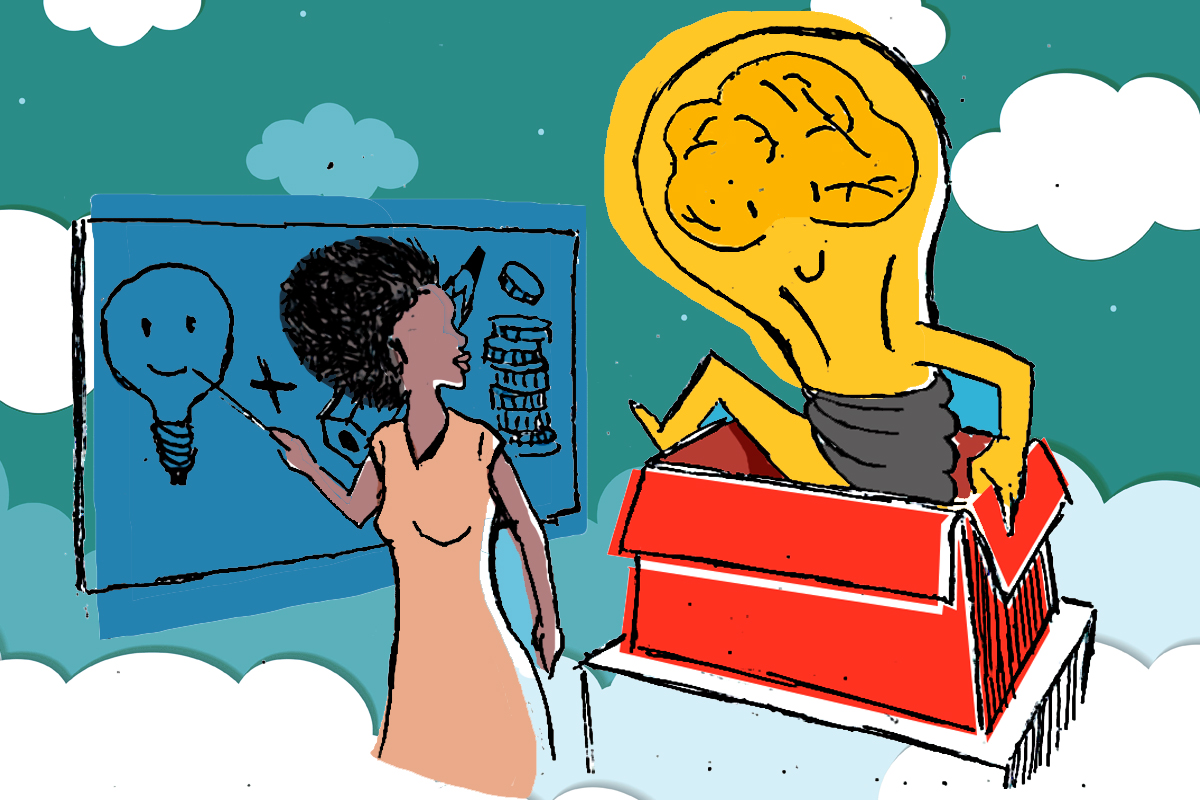 Sala de aula com uma professora apontando para um quadro enquanto uma lâmpada sai de uma caixa.