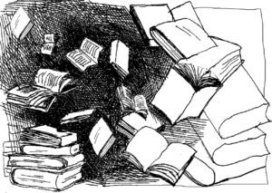Desenho em preto e branco de diversos livros abertos e fechados