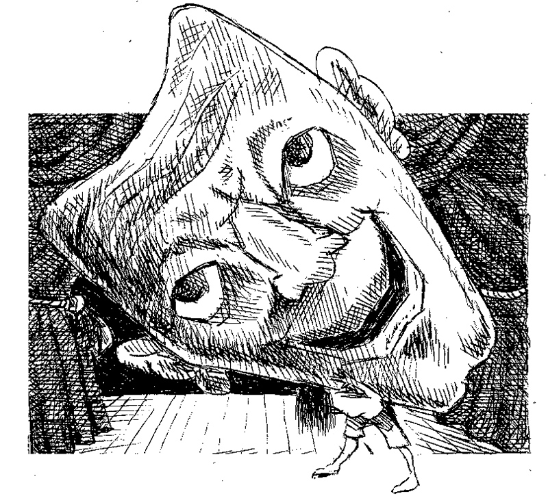 Ilustração em que uma pessoa carrega uma gigante máscara de teatro nas costas.