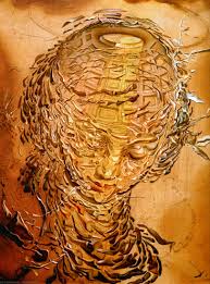 Obra expressionista que forma uma cabeça com galhos de árvores. 