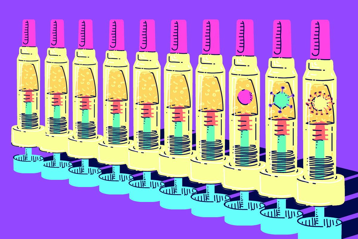Há dez ampolas de vacina enfileiradas, lado a lado. As últimas três vacinas apresentam diferentes partes do coronavírus.