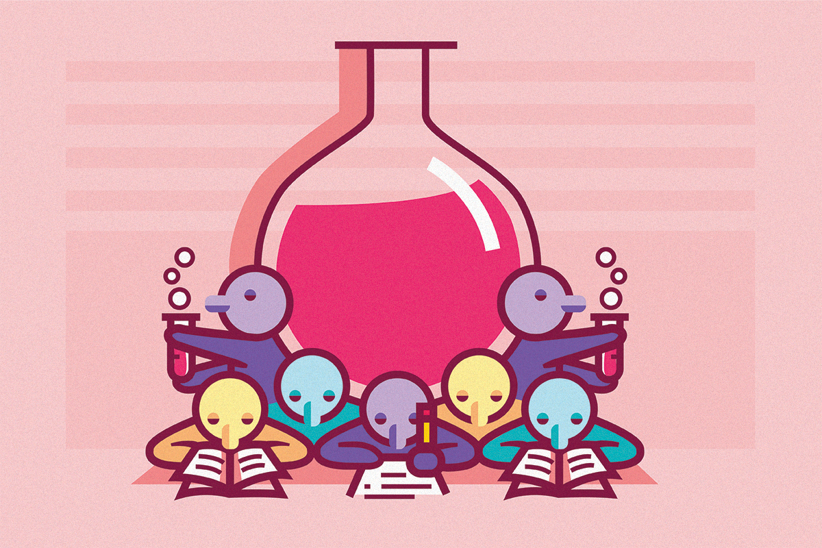 Ilustração com bonecos como cientistas e um tubo de ensaio ao fundo.