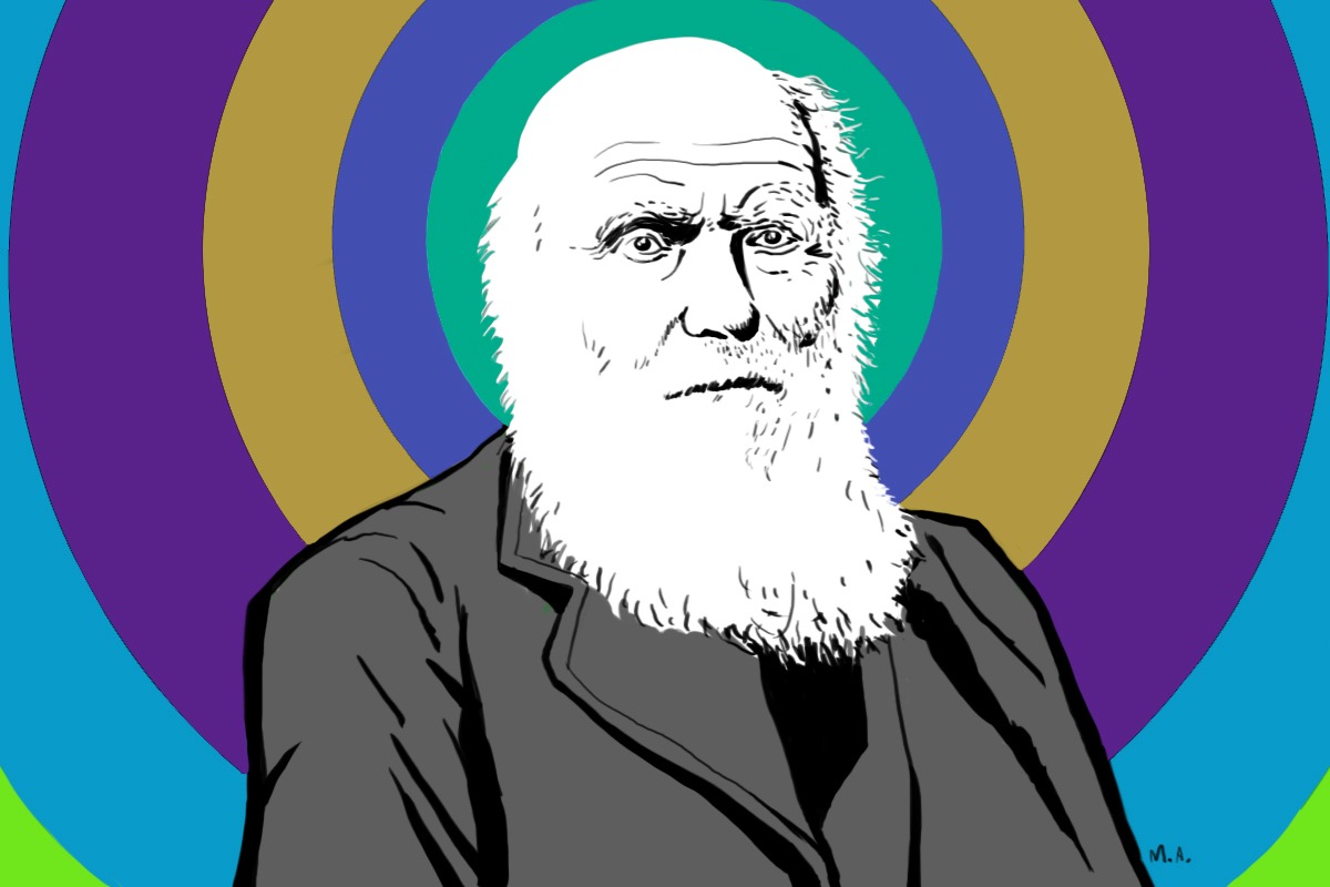 Na ilustração, o naturalista Charles Darwin, em preto e branco. Ao fundo, círculos coloridos compõem o cenário.