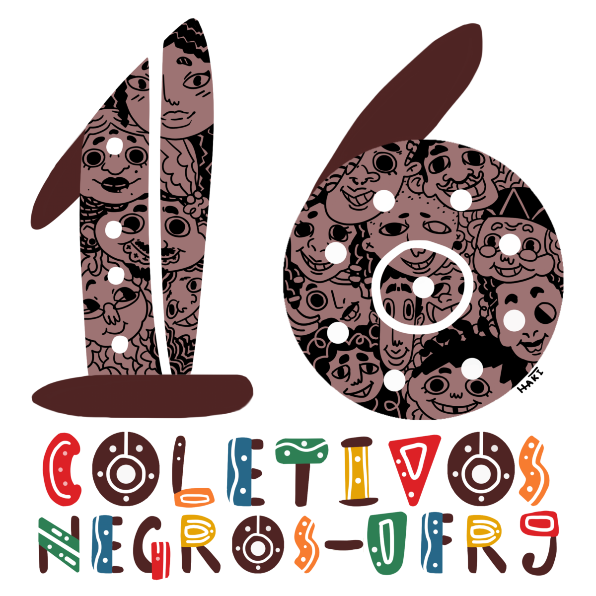 A ilustração é formada pelo texto "16 coletivos negros - UFRJ". Os números mostram vários rostos, enquanto as letras são de várias cores.