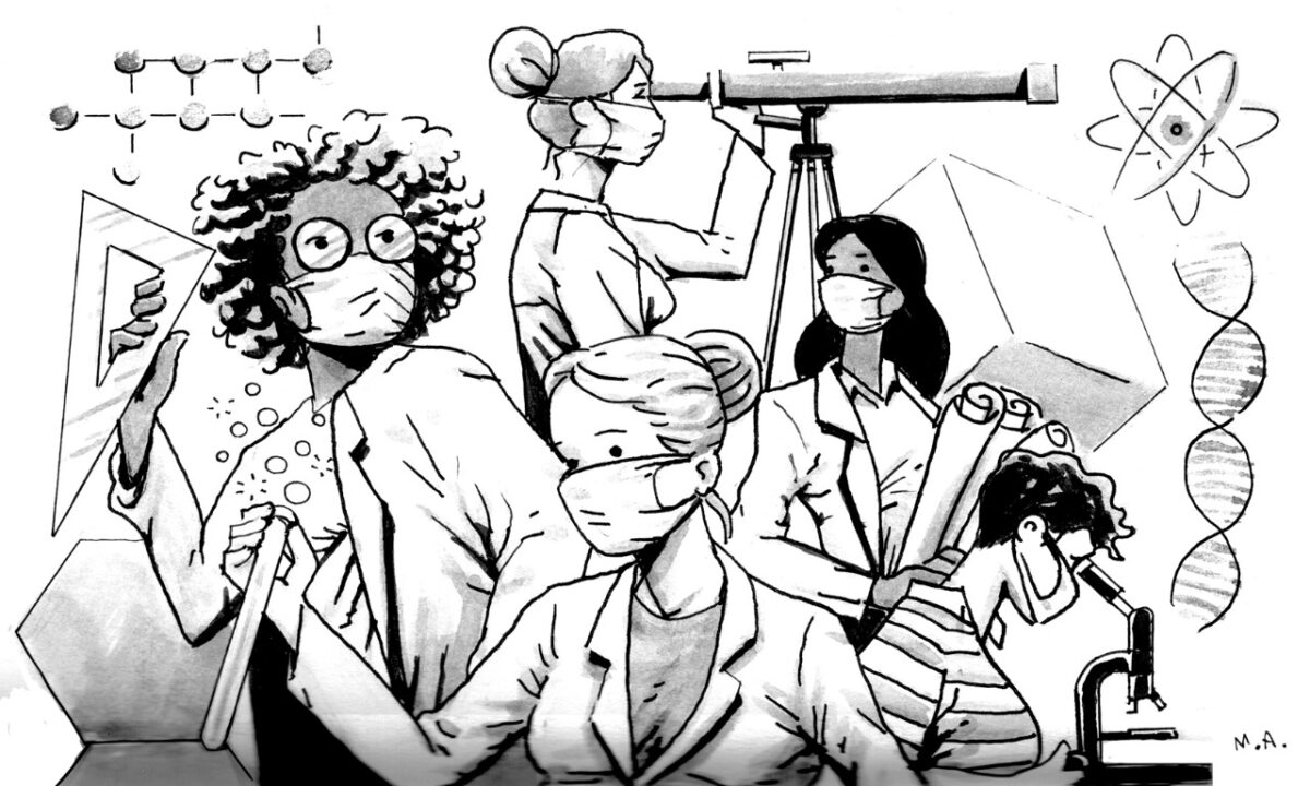 Em primeiro plano, cinco mulheres, todas de máscara, exercem atividades em áreas da ciência dura. Uma delas segura um esquadro, outra observa em um telescópio, outra segura projetos de engenharia, uma olha em um microscópio e a última segura um tubo de ensaio.