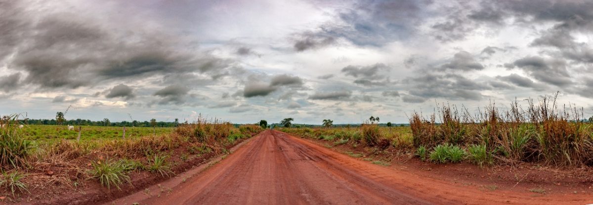Estrada de terra em algum lugar do Brasil-Central. Dos dois lados da rota se vê pasto e uma vegetação modificada. Há muitas nuvens no céu.