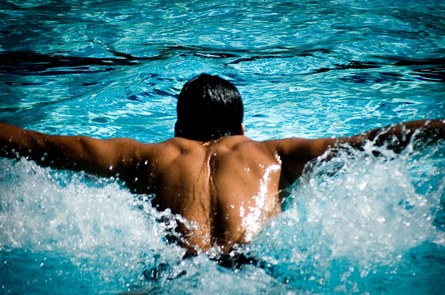 Atleta nada o estilo borboleta em piscina olímpica