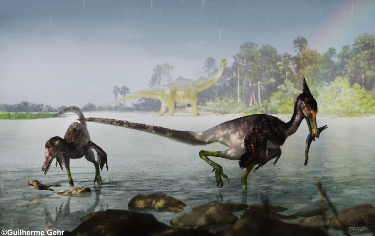 Representação do Ypupiara lopai. Em primeiro plano, dois dinossauros da espécie caçam peixes na parte rasa de um lago. Ao fundo, há vegetação e um dinossauro de pescoço longo.