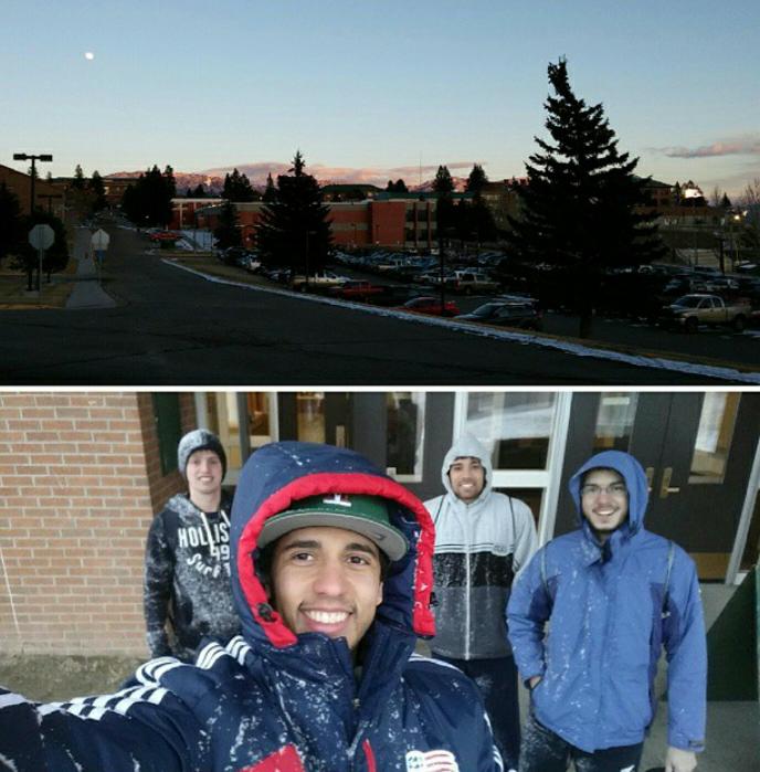 Montagem com imagem do campus Montana Tech e alunos posando para selfie