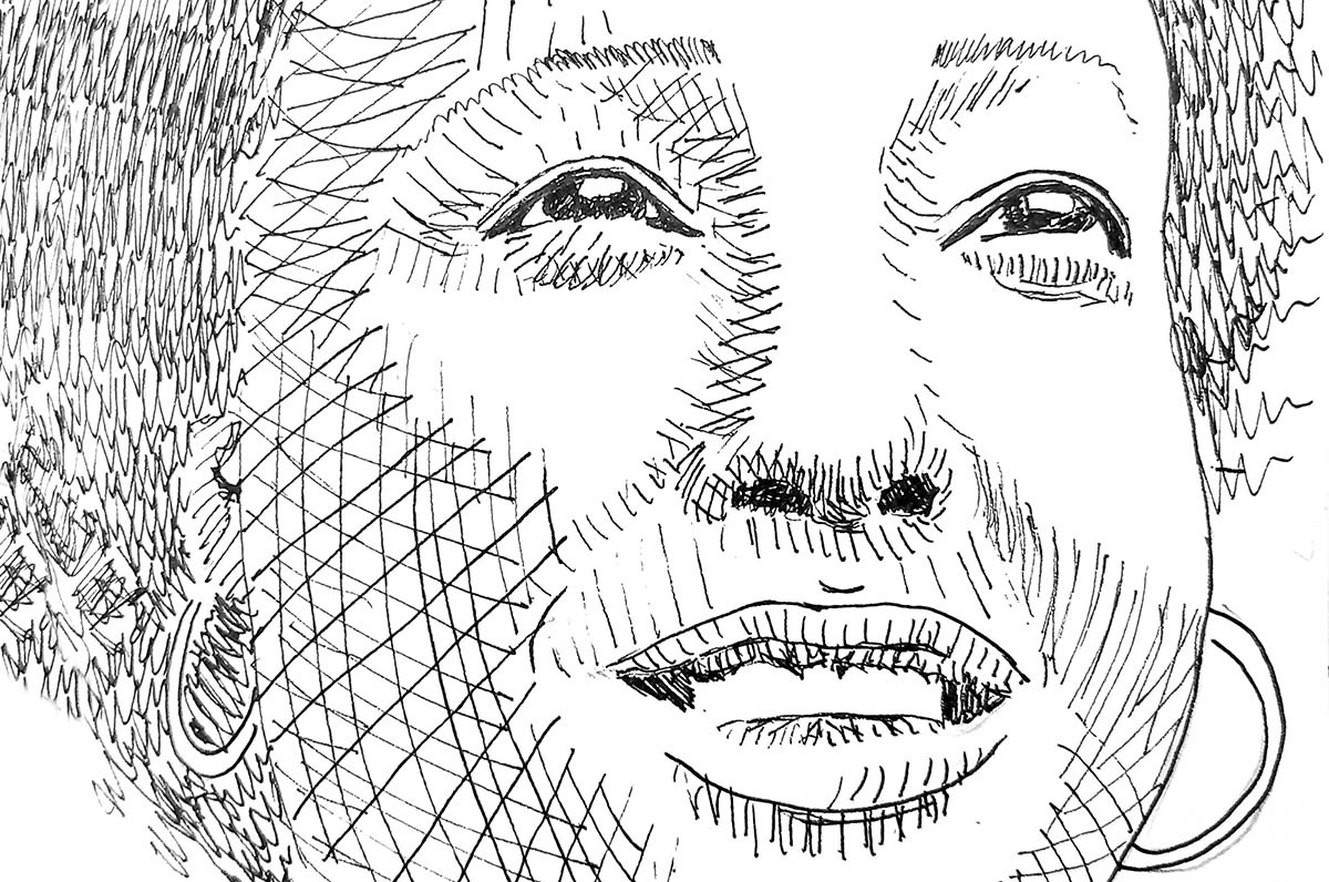 Desenho do rosto de uma mulher negra em preto e branco
