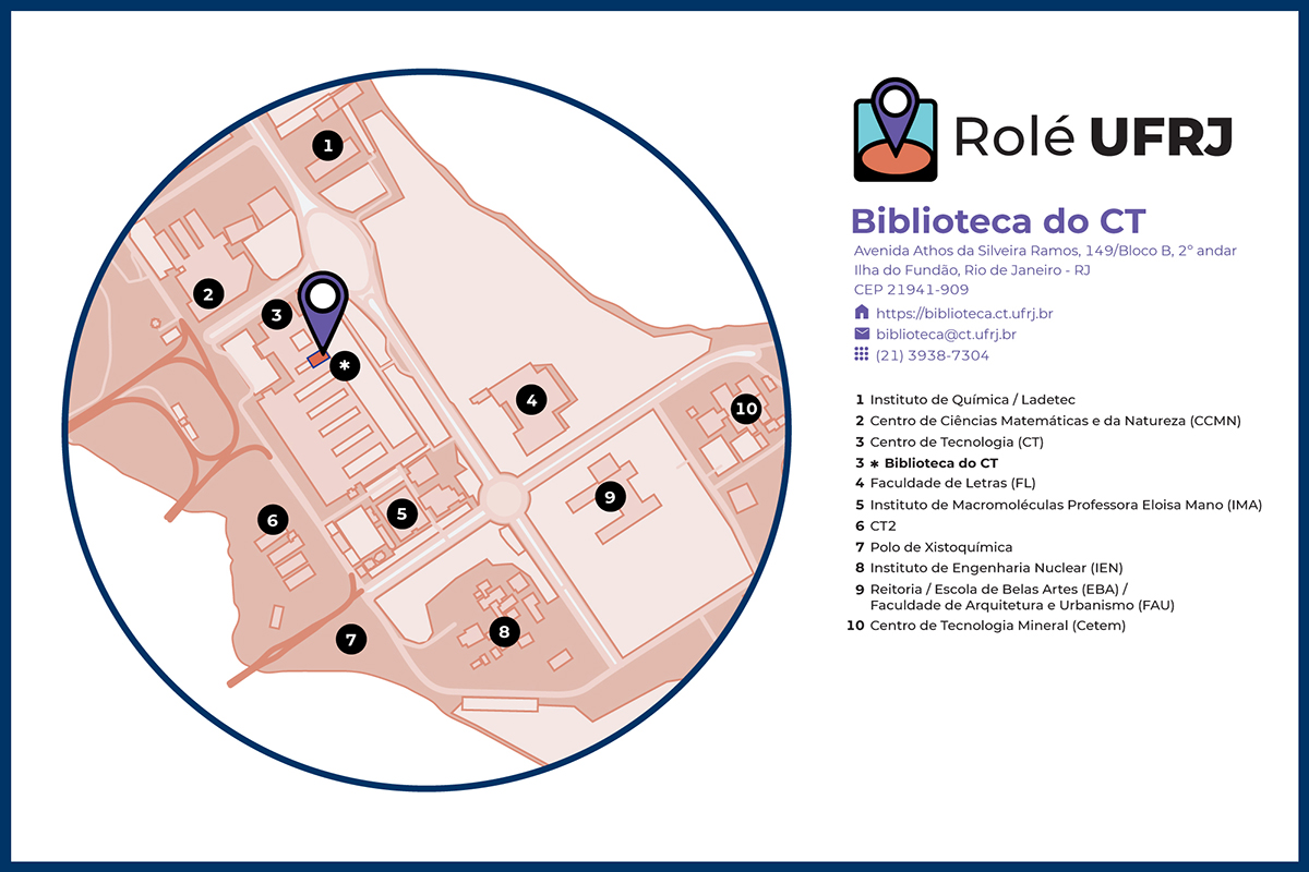 Mapa da área próxima ao Centro de Tecnologia. A Biblioteca do CT está destacada na imagem, localizada no CT, bloco B. O mapa também identifica outros unidades que compõem o campus, como o Ladetec, o CCMN e a Faculdade de Letras