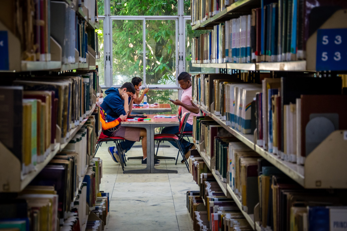 Fotografia do corredor de uma biblioteca, emoldurado por estantes cheias de livros. Ao centro da imagem, no final do corredor, um grupo de alunos estuda em uma mesa. Ao fundo é possível ver uma janela para o pátio externo bastante arborizado.