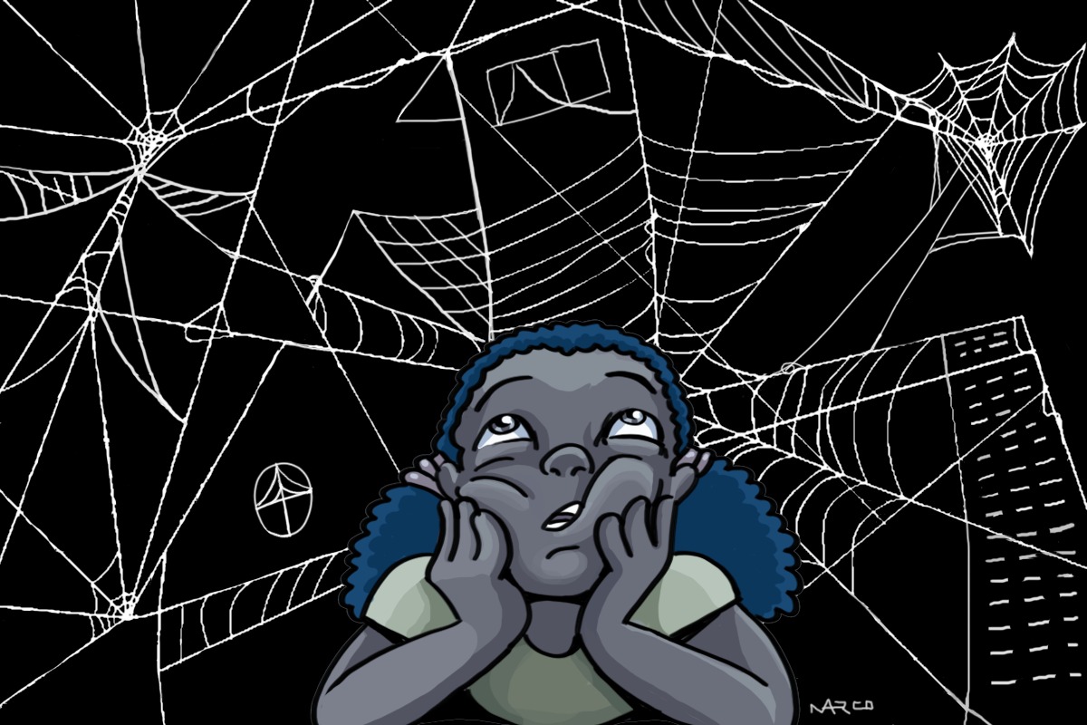 ilustração na qual uma criança negra observa as teias que se formam sobre sua cabeça