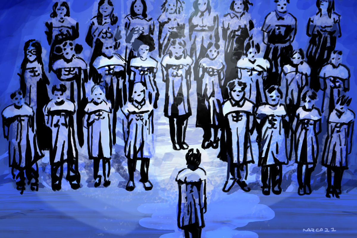 Ilustração em tons de azul mostra coro infantil se apresentando com regente à frente.