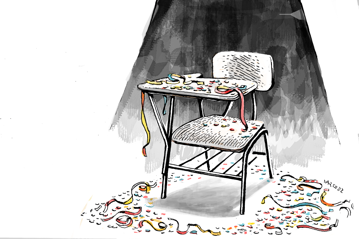 desenho de uma cadeira abandonada com confetis de Carnaval sobre e em volta