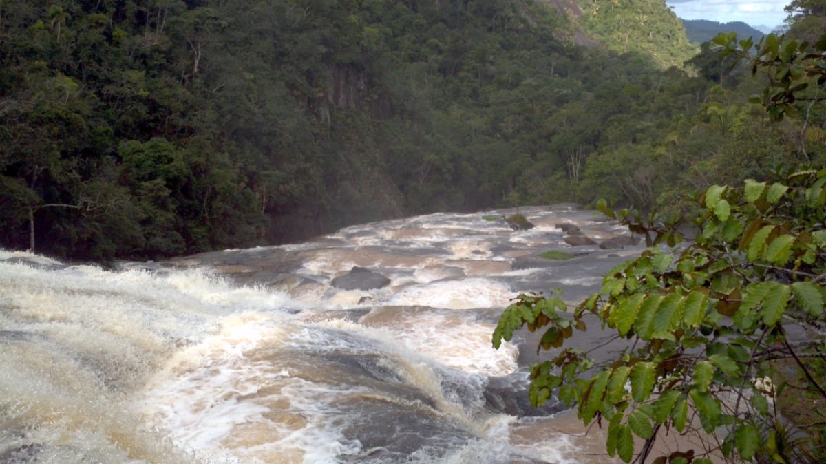 Fotografia de uma cachoeira com águas turvas rodeada pela Mata Atlântica.