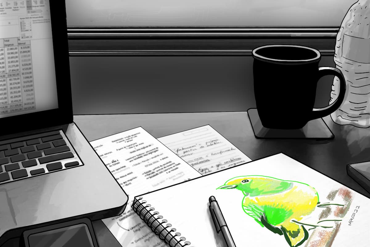 Ilustração mostra uma escrivaninha. Em preto e branco estão um notebook aberto em uma planilha, folhas com anotações, uma garrafa de água e uma xícara. Sobre os papéis está um caderno aberto com uma ilustração colorida de um pássaro.