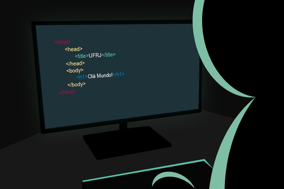 Ilustração com fundo preto em que linhas azuis formam a silhueta de uma pessoa ao computador. Em destaque, no monitor, há códigos-fonte