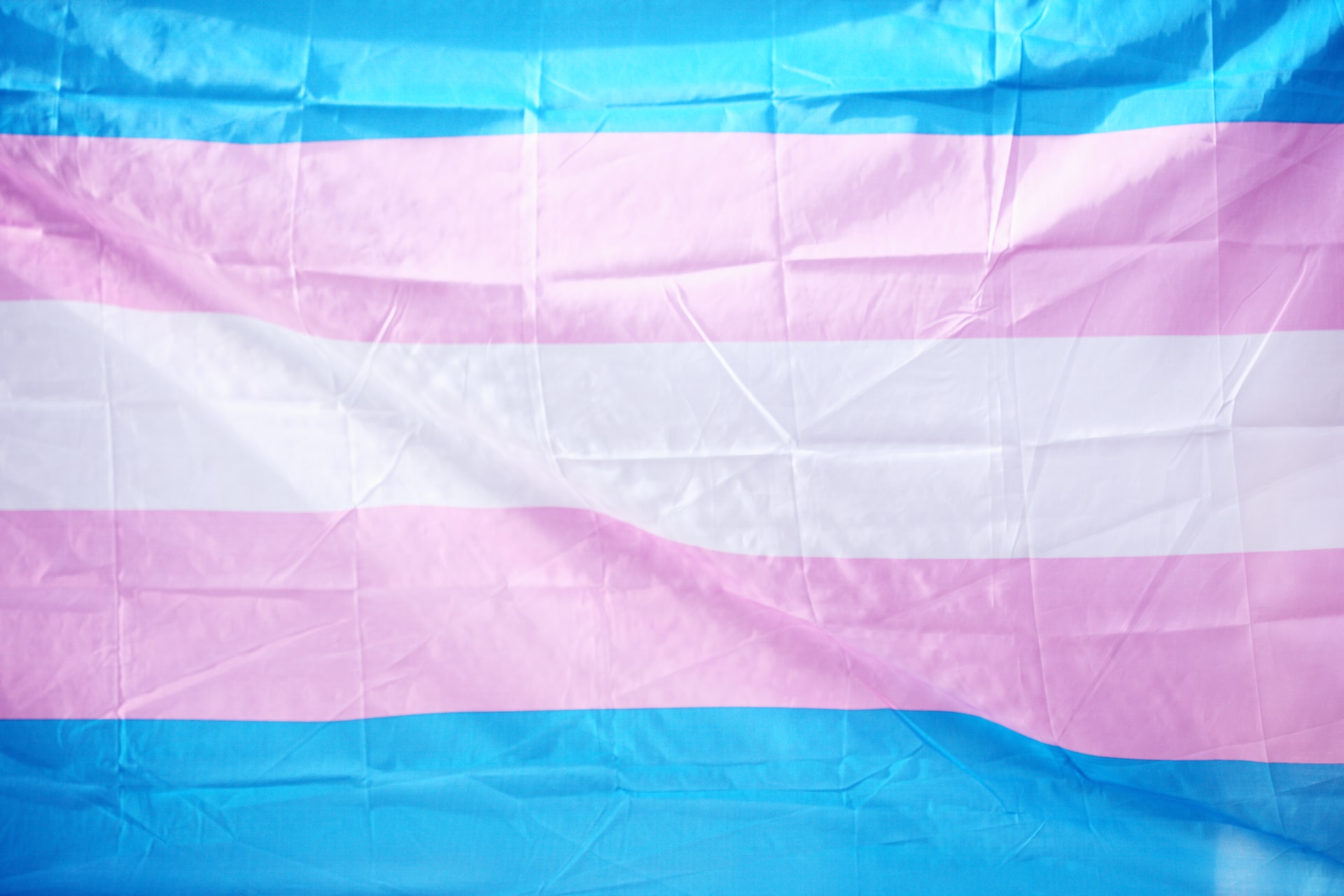 Fotografia da bandeira trans com faixas azul, rosa e branca.