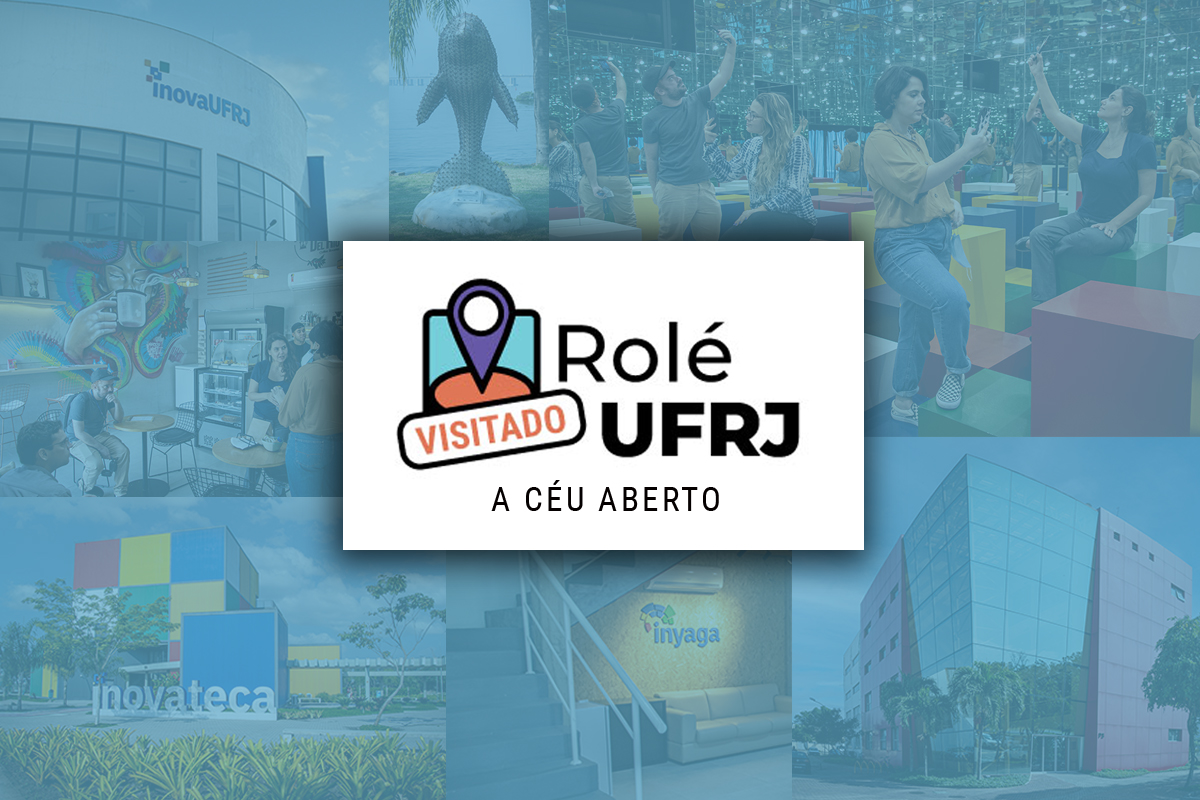 Mosaico de fotografias do Parque Tecnológico em um tom azulado por um filtro de edição. Ao centro, logo do Projeto Rolé UFRJ acompanhado da classificação "A céu aberto".