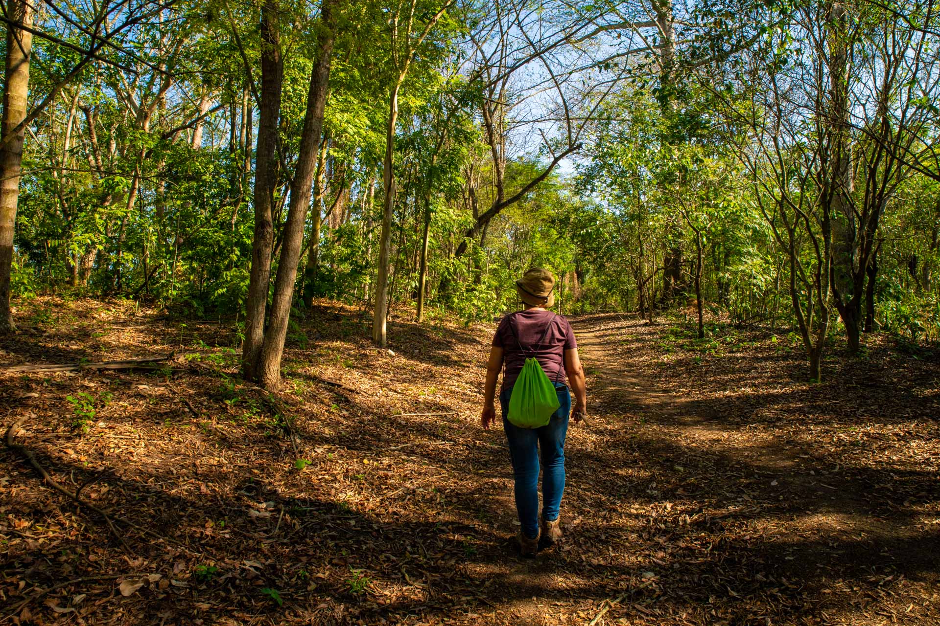 Fotografia de uma mulher de costas caminhando em um parque. O chão é de terra e existem muitas árvores.