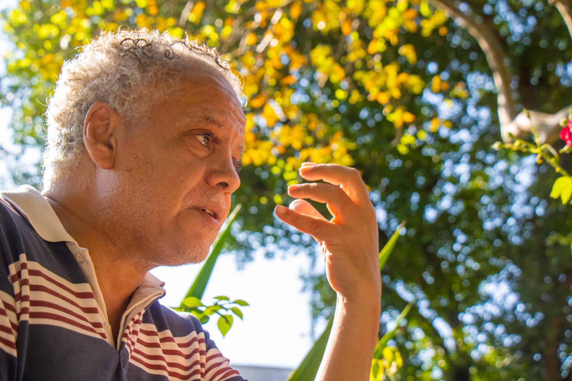 Fotografia de perfil de um senhor negro, de aproximadamente 60 anos. Ao fundo, há árvores com folhas amarelas.