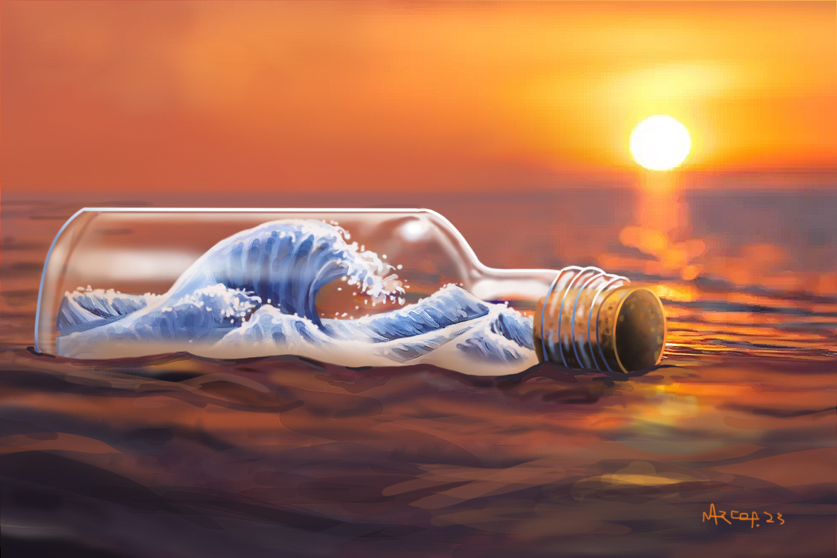 uma garrafa de vidro deitada sobre o mar. dentro dela, uma onda; ao fundo, o sol se põe.
