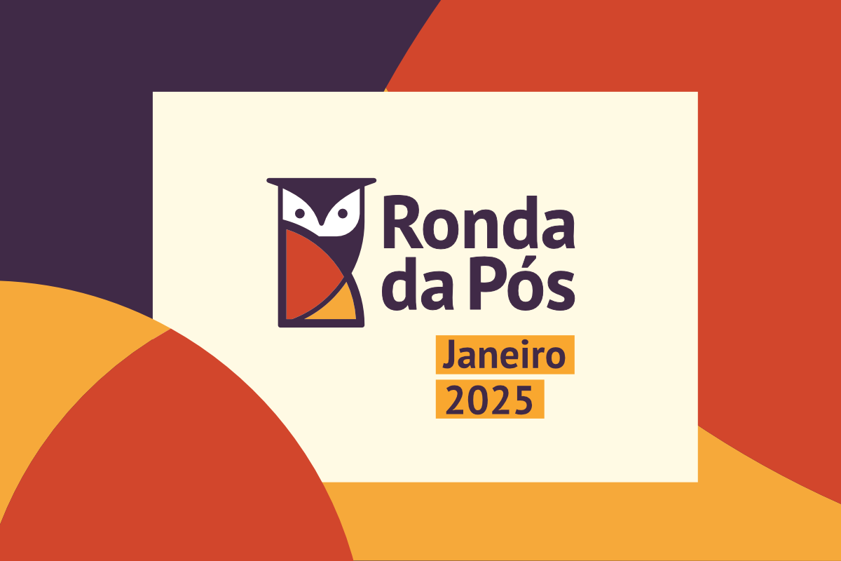 Peça de design que mostra uma coruja, logo do Ronda da Pós. Ao lado, o título da publicação, "Ronda da Pós", e seu subtítulo, "Janeiro 2025".