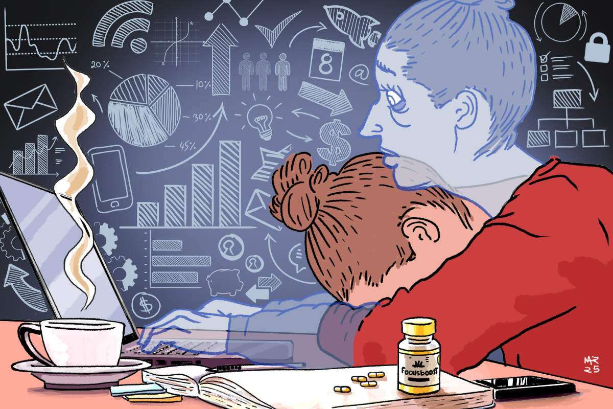 Ilustração de uma mulher exausta debruçada sobre uma mesa de trabalho, enquanto seu espectro continua operando o notebook. Ela é branca, tem cabelos castanhos presos em um coque no alto de sua cabeça e veste um casaco vermelho. Sobre a mesa, uma xícara de café, um caderno, caneta, blocos de post-it, telefone celular e um frasco de remédios com comprimidos espalhados. No fundo da imagem, há muitos gráficos.