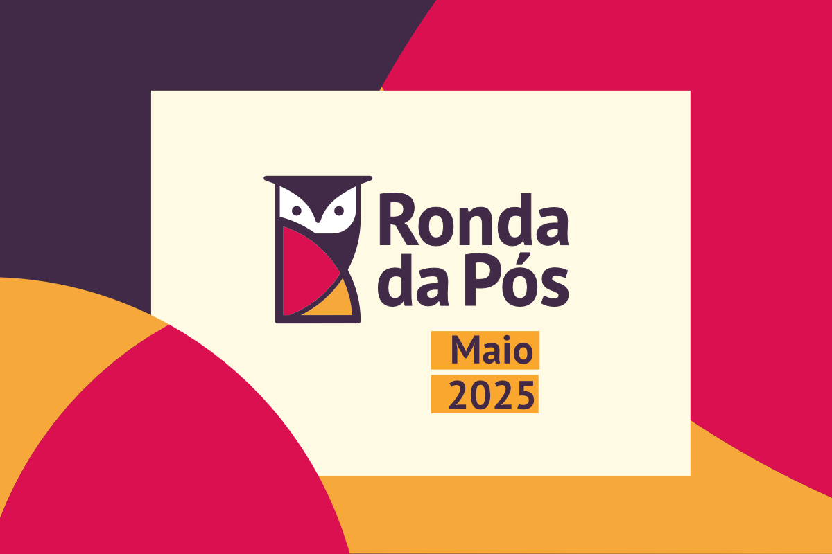 Identidade Visual da Ronda da Pós Maio 2025. Está nas cores mostarda, salmão e roxo. Há uma coruja lendo um livro.