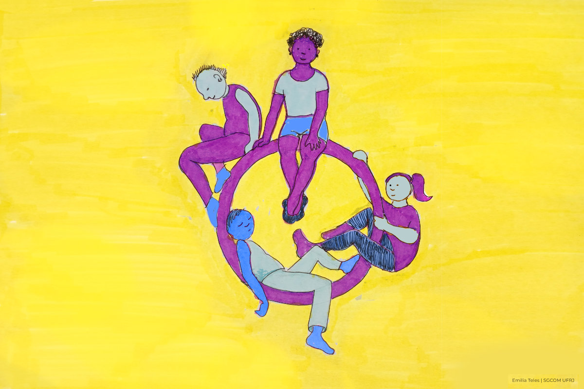 Ilustração inspirada na bandeira intersexo, nas cores rosa, azul, amarelo e cinza, traz quatro pessoas representando diferentes existências. Elas estão posicionadas ao redor de um círculo: duas sentadas na parte superior da figura, uma recostada na parte inferior interna e outra pendurada do lado direito.
