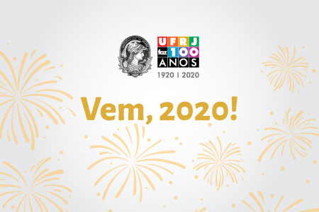 Imagem com fundo branco e, ao fundo, desenho de fogos de artifício em amarelo. Em primeiro plano, o logotipo comemorativo dos 100 anos da UFRJ e a frase Vem, 2020!