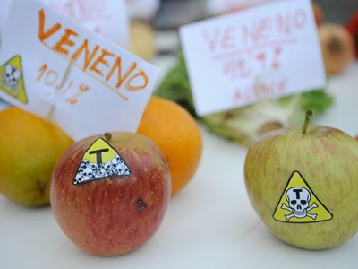 Foto colorida de algumas frutas e legumes com adesivos e plaquinhas com o aviso de conterem veneno para ilustrar a informação de que o Brasil consome 20% de todo o agrotóxico comercializado no mundo.